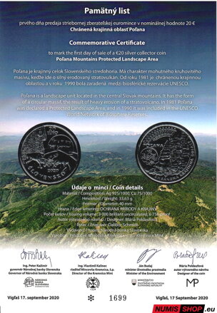 20 eur Slovensko 2020 - Poľana - Pamätný list