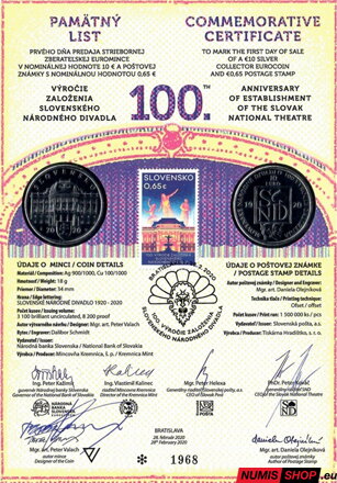 10 eur Slovensko 2020 - Slovenské národné divadlo - Pamätný list - 2 podpisy