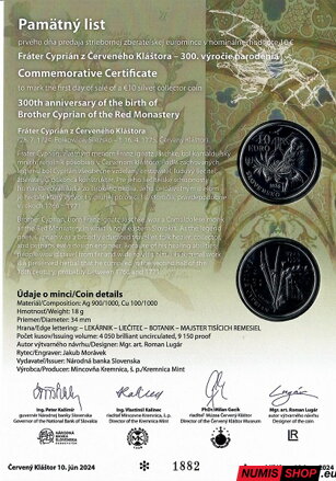 10 eur Slovensko 2024 - Fráter Cyprián z Červeného Kláštora - Pamätný list