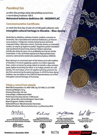 100 eur Slovensko 2024 - Modrotlač - Pamätný list