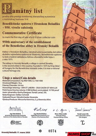 10 eur Slovensko 2025 - Benediktínske opátstvo v Hronskom Beňadiku - Pamätný list
