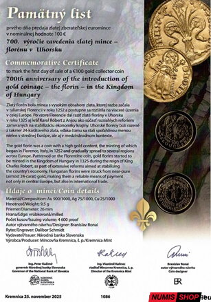 100 eur Slovensko 2025 - Zavedenie zlatej mince – florénu v Uhorsku - Pamätný list