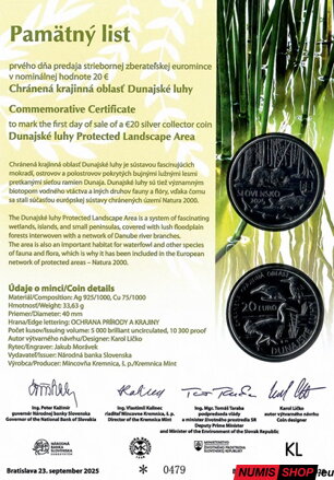 20 eur Slovensko 2025 - Dunajské luhy - Pamätný list