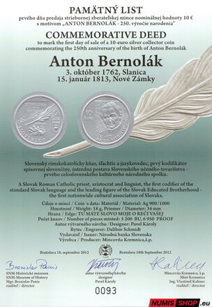 10 eur Slovensko 2012 - Bernolák - Pamätný list