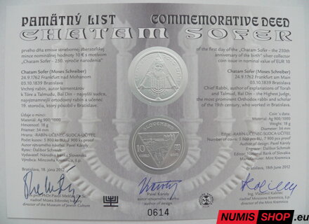 10 eur Slovensko 2012 - Chatam Sofer - Pamätný list / Commemorative Deed