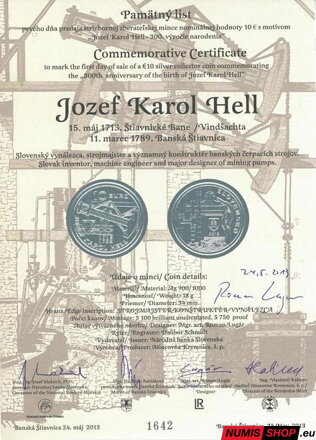 10 eur Slovensko 2013 - Jozef Karol Hell - Pamätný list - originál podpis autora