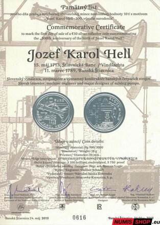 10 eur Slovensko 2013 - Jozef Karol Hell - Pamätný list