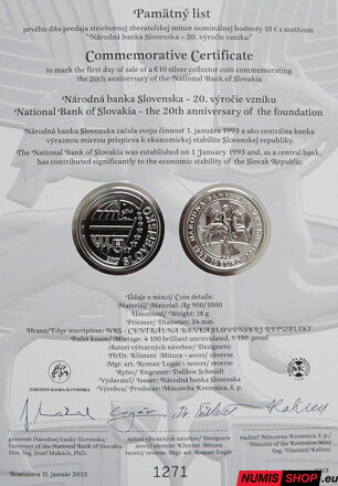 10 eur Slovensko 2013 - 20 rokov NBS - Pamätný list