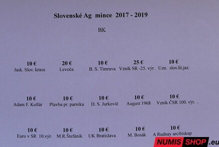 Plato na slovenské euromince 2017 - 2019 - BK - rozloženie mincí