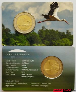 Lotyšsko 2 euro 2015 - Bocian čierny - COIN CARD