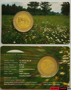 Lotyšsko 2 euro 2016 - Krava - Lotyšský poľnohospodársky priemysel - COIN CARD
