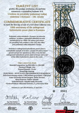 10 eur Slovensko 2021 - Podzemná vodná elektráreň v Kremnici - Pamätný list