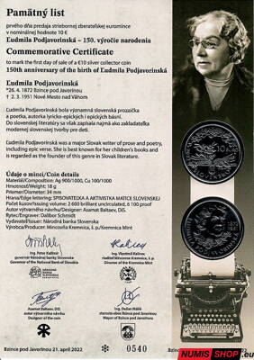 10 eur Slovensko 2022 - Ľudmila Podjavorinská - Pamätný list