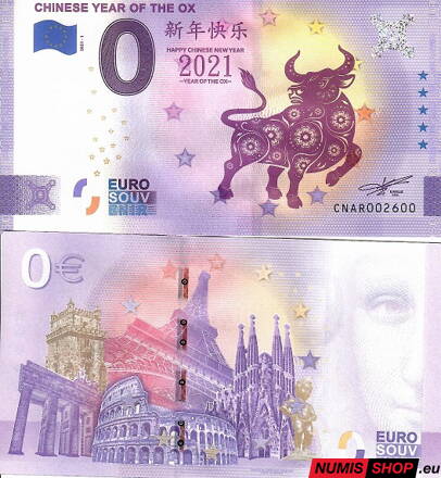 Čína - 0 euro souvenir - Chinese year of the Ox