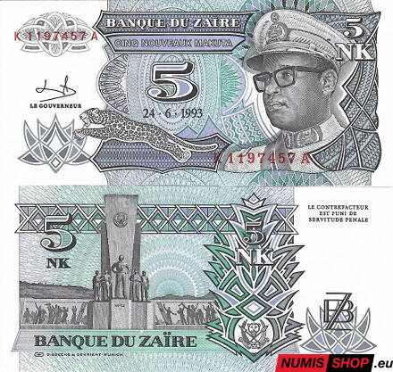 Zair - 5 new makuta - 1993 - UNC