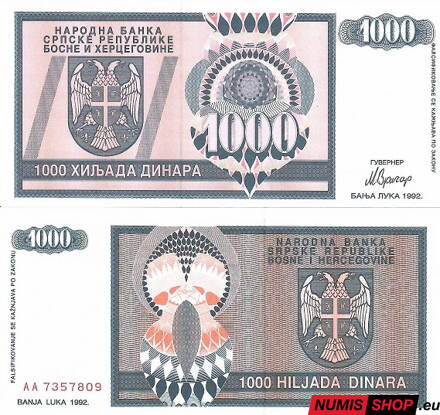 Bosna a Hercegovina - Srbska republika - 1000 dinara 1992 - UNC