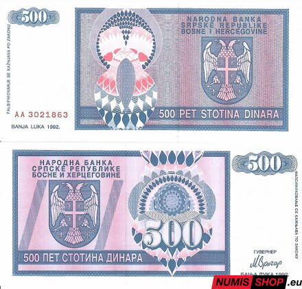 Bosna a Hercegovina - Srbska republika - 500 dinara 1992 - UNC