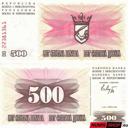 Bosna a Hercegovina 500 dinara 1992 - UNC