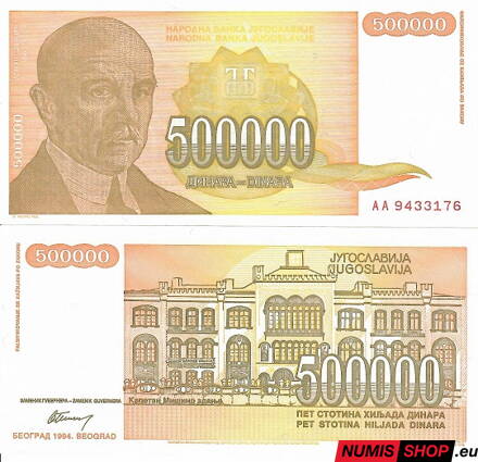 Juhoslávia - 500 000 dinara - 1994 - UNC