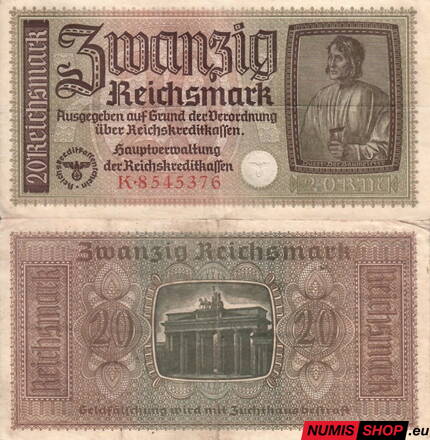 Nemecko - 20 Reichsmark (Occupied Territories 1940-1945) - VF - séria L