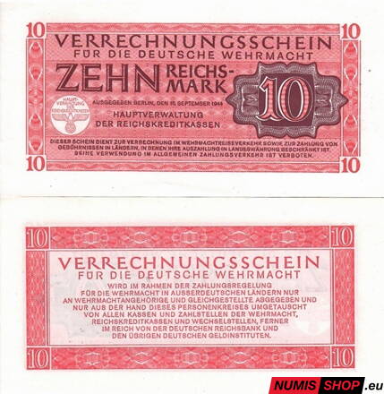 Nemecko - 10 Reichsmark (Wehrmacht 1944) - aUNC