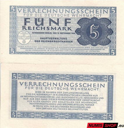 Nemecko - 5 Reichsmark (Wehrmacht 1944) - aUNC