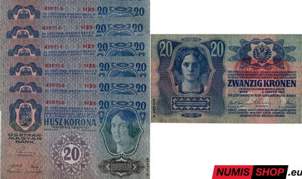 Rakúsko-Uhorsko - 6 x 20 korona - 1913 II. vydanie - pečiatka Deutschosterreich - čísla po sebe - aUNC