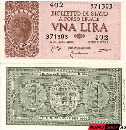 Taliansko - 1 líra - 1944 - UNC