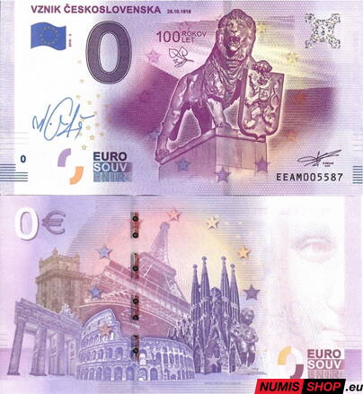 Slovensko - 0 euro souvenir - Vznik Československa - podpis autora