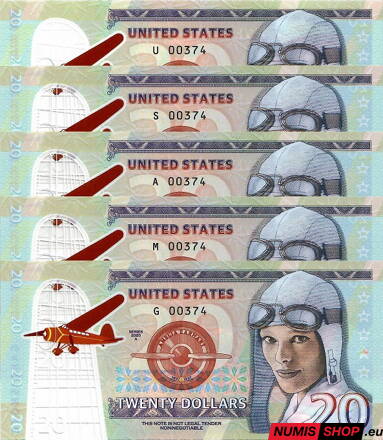 Gábriš - 20 dollars - Amelia Earhart - polymer - komplet 5 sérií