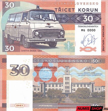 Gábriš - 30 korún - Sanitka Škoda 1203 - anulát s podpisom