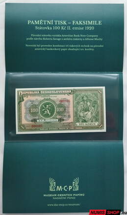 ČSR - 100 korun - 1920 - Mucha - faksimile - FOLDER - originál americký papier