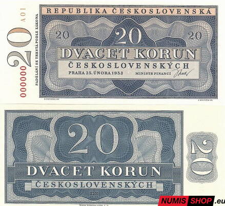 20 Kčs - 1953 - nevydaná - anulát - novotlač (folder)