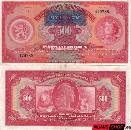 500 korún - 1929 - pretlač Slovenský štát - H - 2 x SPECIMEN