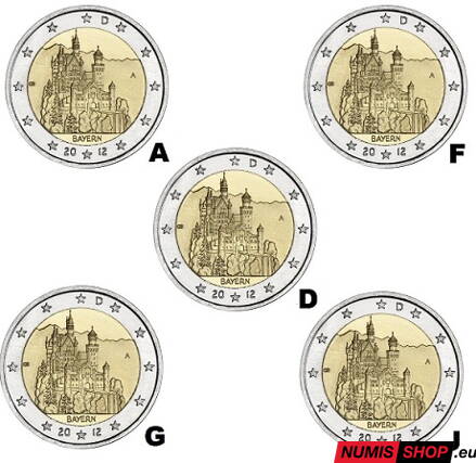 Nemecko 2 euro 2012 - Bavorsko - komplet 5 ks - UNC