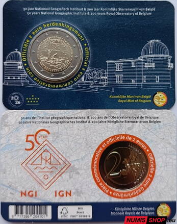 Belgicko 2 euro 2026 - Kráľovské observatórium - COIN CARD - (NL/EN)