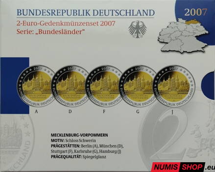 Nemecko 2 euro 2007 - Meklenbursko-Predpomoransko - komplet 5 ks - PROOF