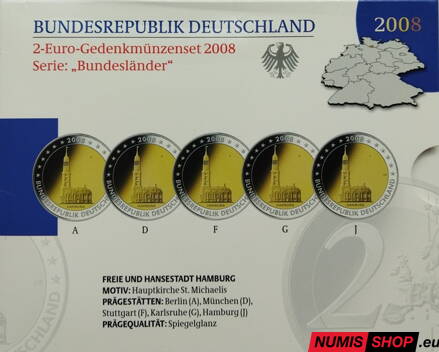 Nemecko 2 euro 2008 - Hamburg - komplet 5 ks - PROOF