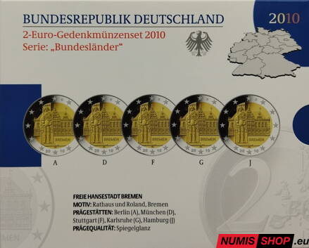 Nemecko 2 euro 2010 - Brémy - komplet 5 ks - PROOF