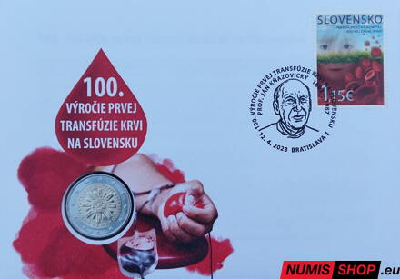 Slovensko 2 euro 2023 - Prvá transfúzia krvi - numizmatická obálka