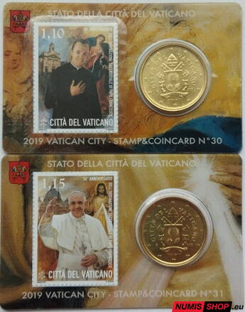 Vatikán 2 x 50 cent + stamp 2019 Coin Card