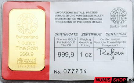 Zlatá investičná tehlička - Argor Heraeus - 1 oz