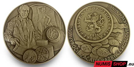 Medaila - 100. výročie začatia razby československých mincí - mosadz