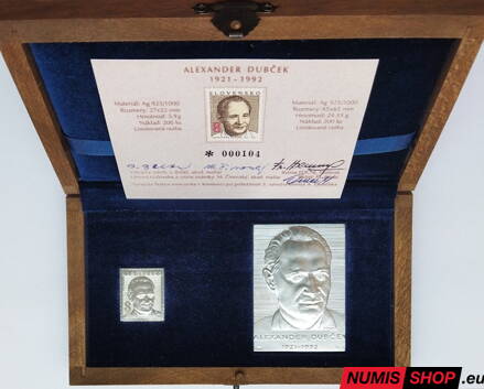 Alexander Dubček - strieborná plaketa + známka + originál podpisy v kazete Alexander Dubček - strieborná plaketa + známka + originál podpisy v kazete