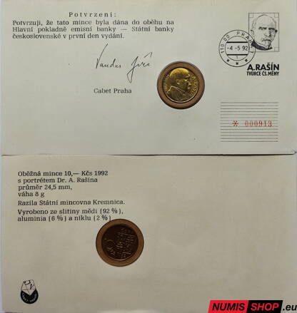 10 korún - Československo - 1992 - A. Rašín - mincový list