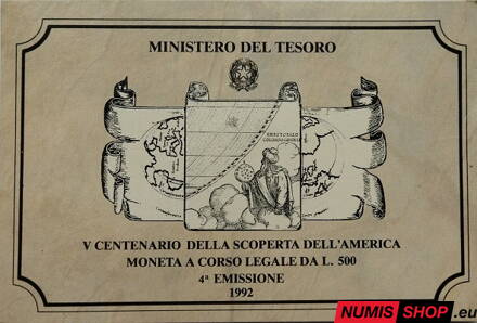 500 lír Taliansko - 1992 - Objavenie Ameriky