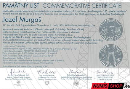 10 eur Slovensko 2014 - Jozef Murgaš - Pamätný list