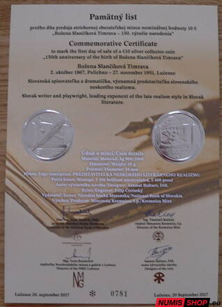 10 eur Slovensko 2017 - B. S. Timrava - Pamätný list