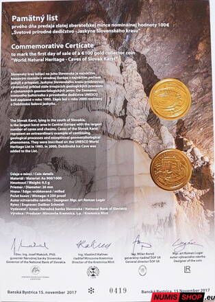 100 eur Slovensko 2017 - Jaskyne Slovenského krasu - Pamätný list
