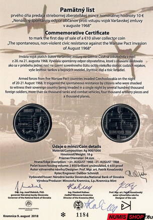 10 eur Slovensko 2018 - Nenásilný spontánny odpor občanov proti vstupu vojsk Varšavskej zmluvy v auguste 1968 - Pamätný list - 2 podpisy